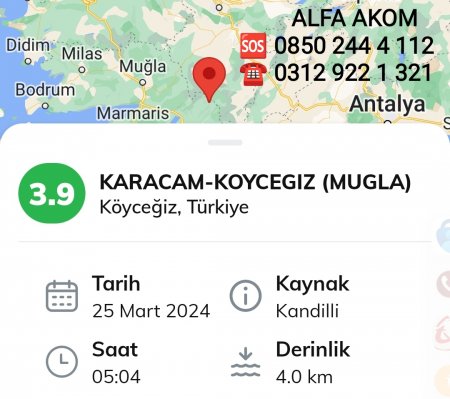 Muğla Köyceğiz Karaçam'da 3,9 Büyüklüğünde Deprem Meydana Geldi 